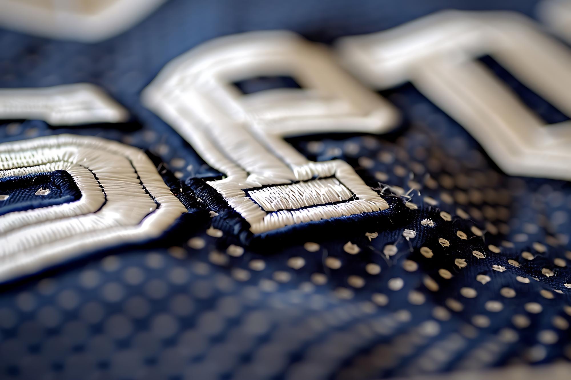 Close-up of embroidered emblem on denim