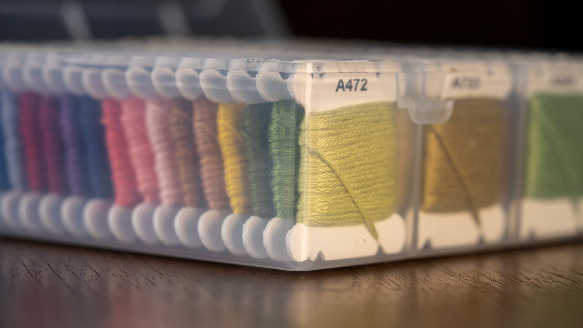 Tray of embroidered sample swatches
